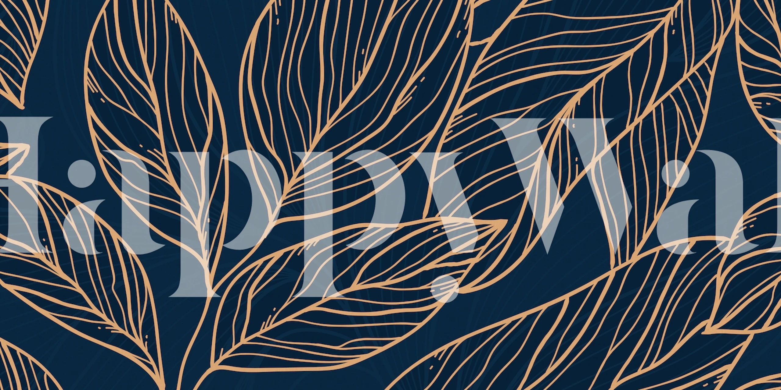 Leaf Lines Blue wall mural with golden leaf outlines on a dark blue background