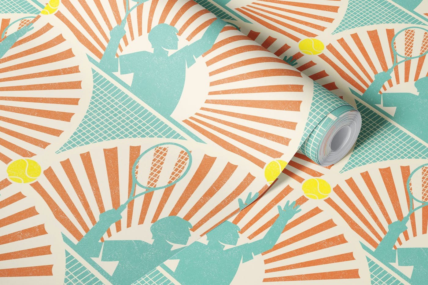 playing tennis in the sunshine - blue sienna wallpaper roll