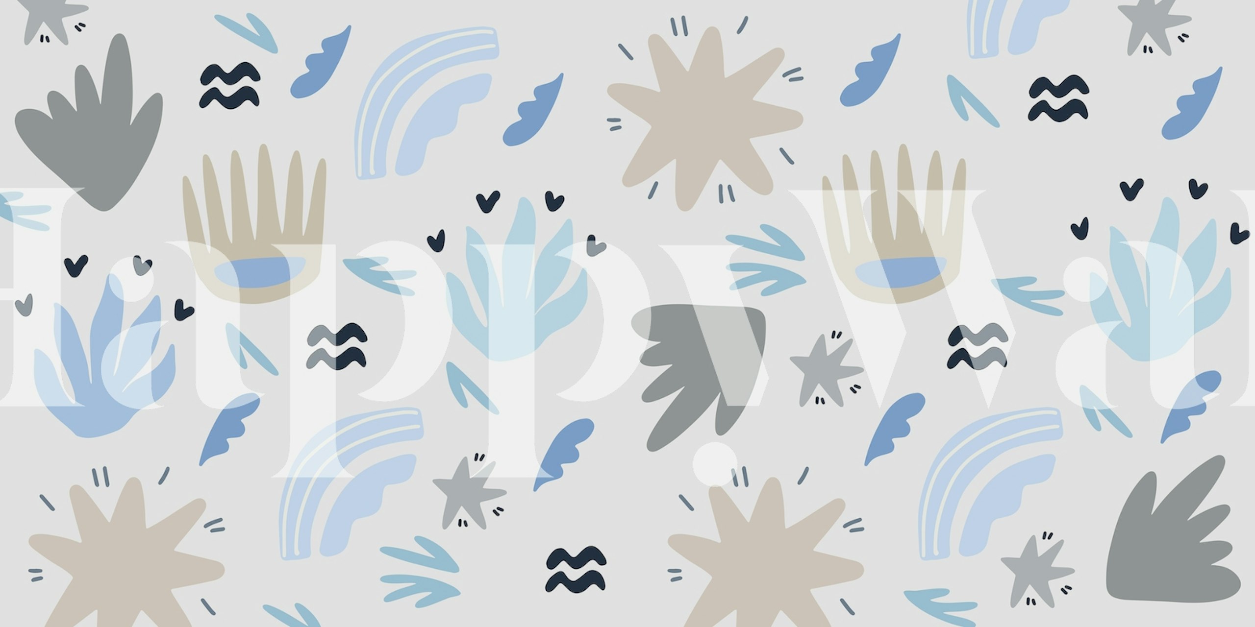 Abstract bloemen- en vormenpatroon in de kleuren blauw, grijs en wit voor kindermuurschildering