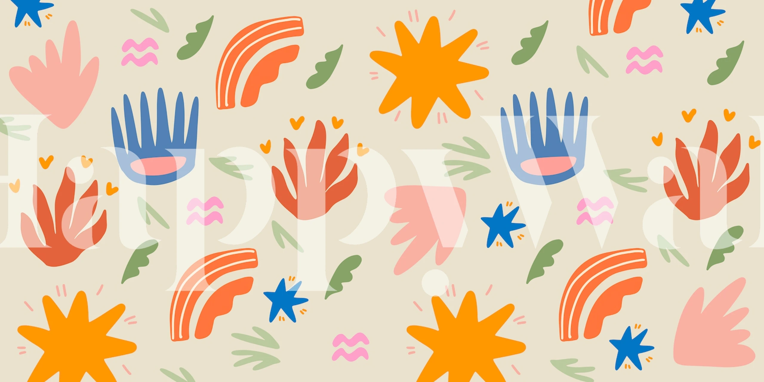 Colorful abstract shapes and patterns on beige wallpaper