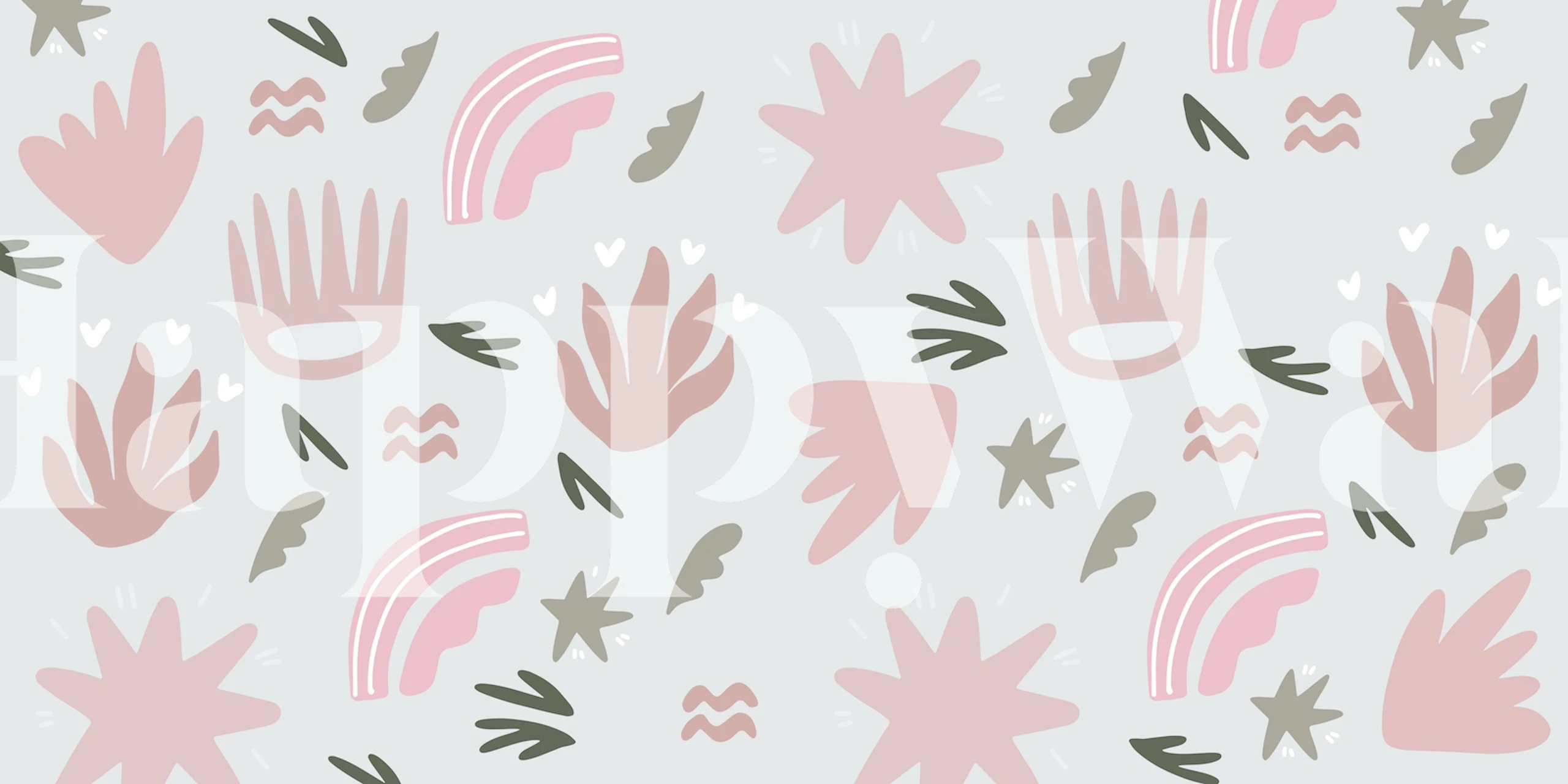 Abstract playful floral wall mural in soft pinks and greys for children's room