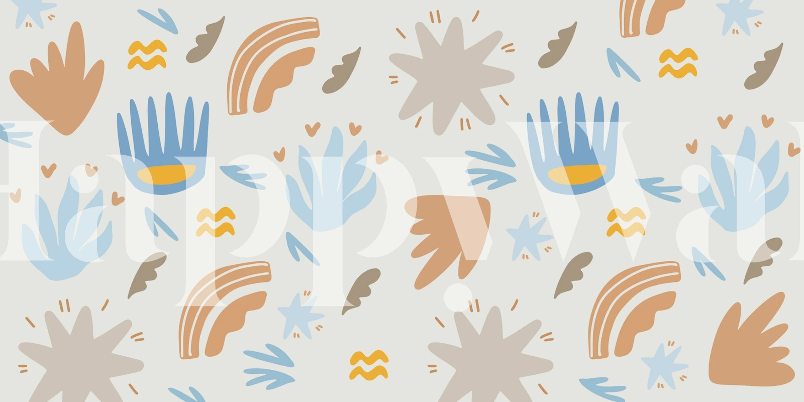 Kinderfotobehang met zomerthema met abstracte vormen en speelse motieven in blauw, oker en terracotta