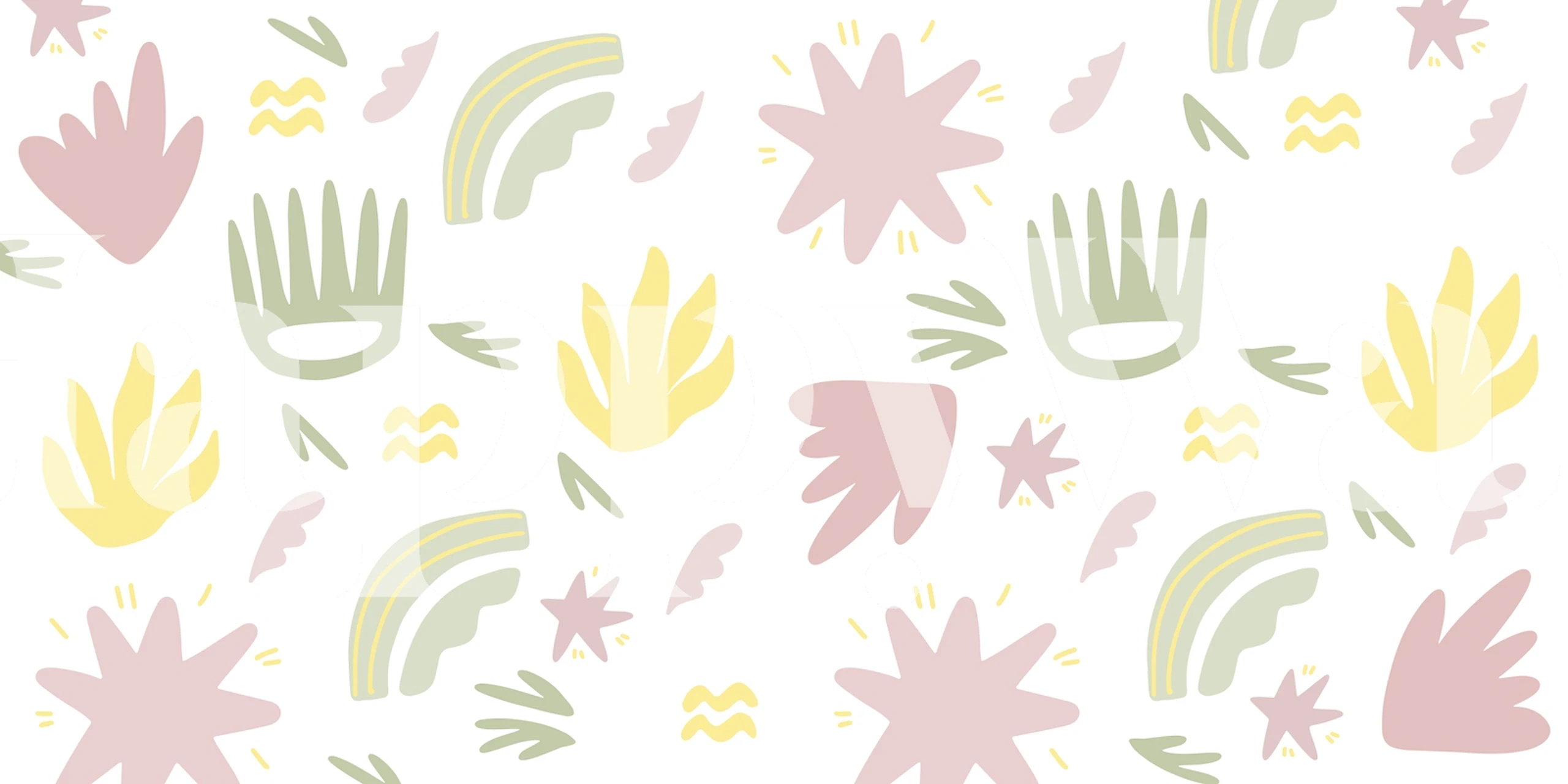 Hand-drawn style wall mural with pastel yellow, pink, and green botanical elements