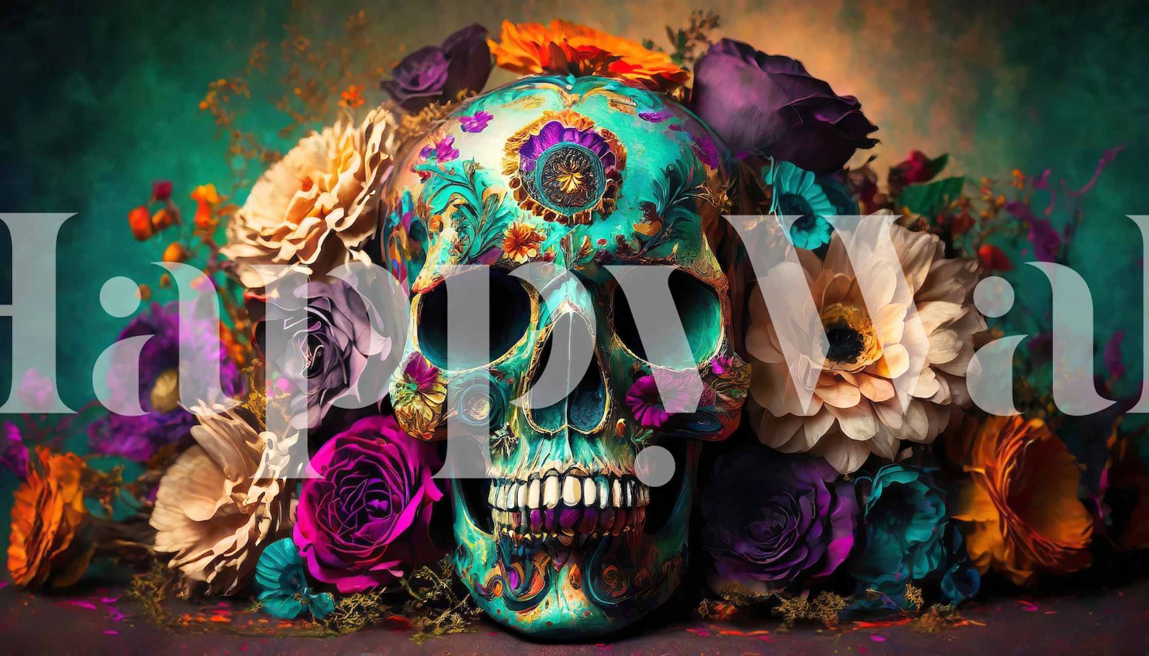 Kolorowa fototapeta z czaszką i kwitnącymi kwiatami
