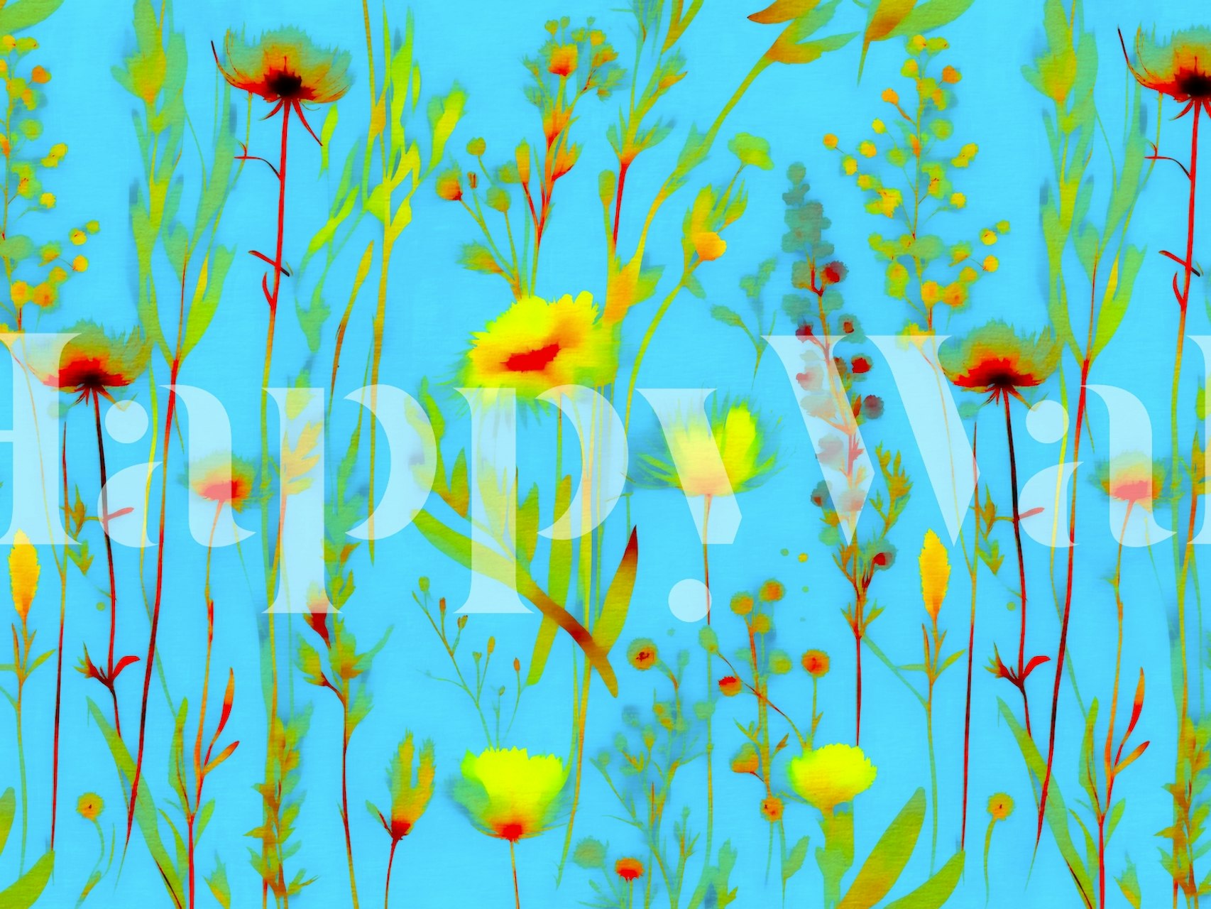 vibrant summer wildflowers wall mural with a neon blue background