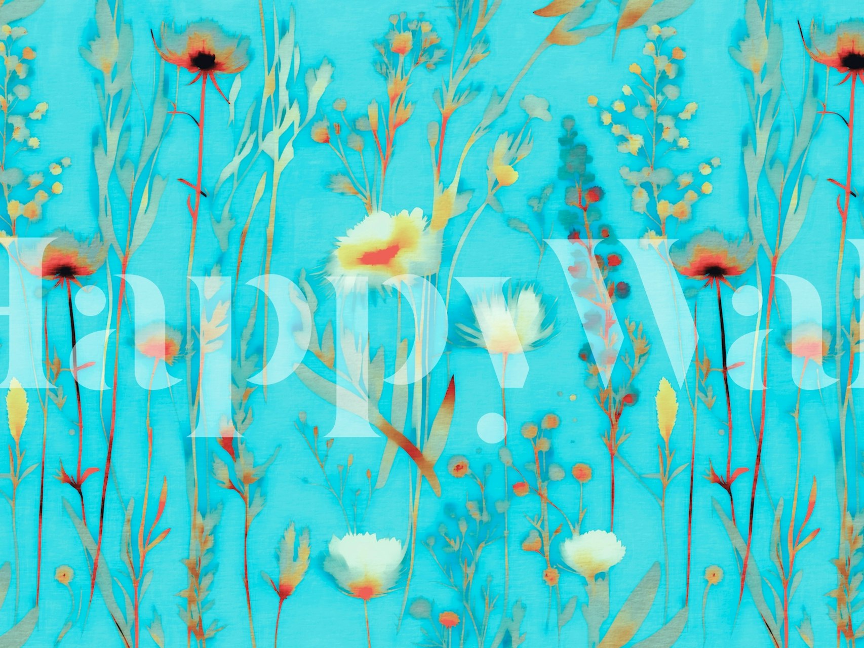 vibrant summer wildflowers wall mural with a neon blue background