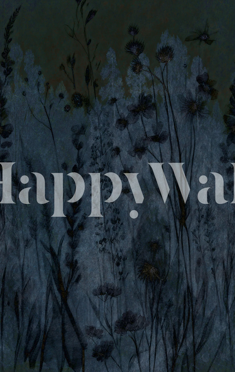 Floral patterns in soft blue tones on black background wallpaper