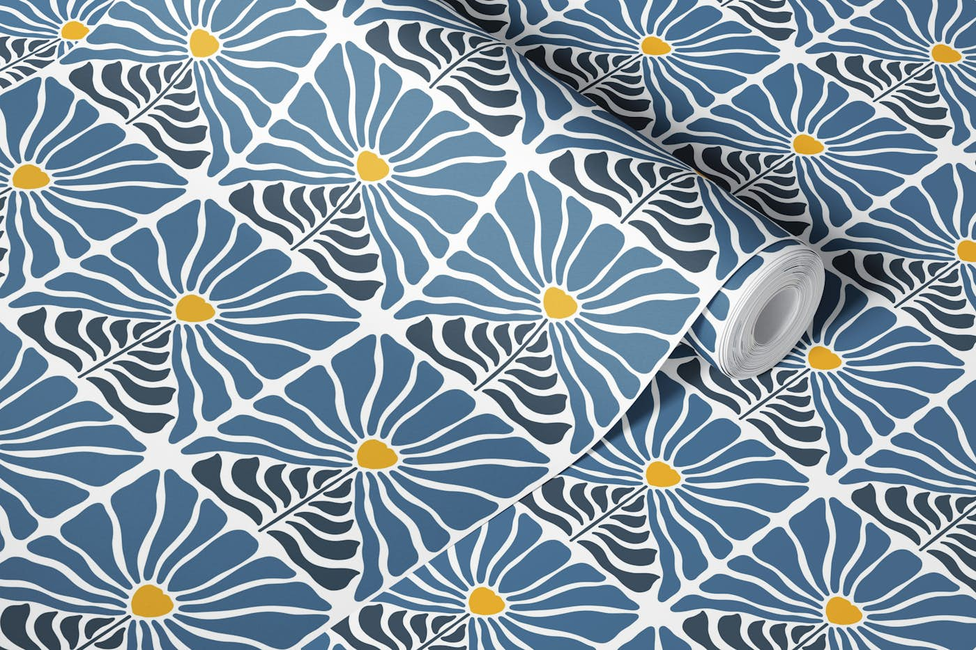 Retro Flowers Blue Yellow wallpaper roll