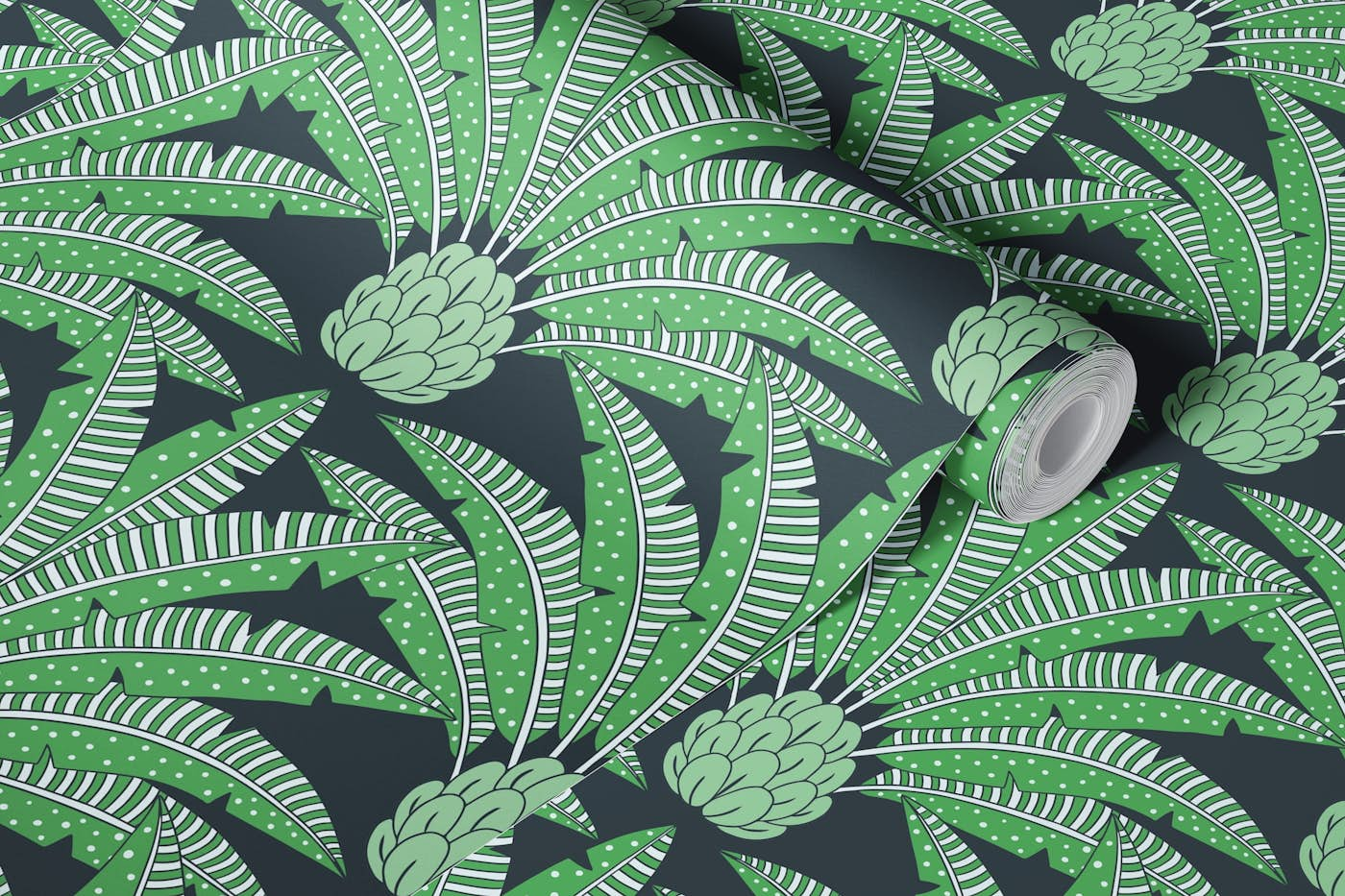 Festive palm fans - green and black wallpaper roll