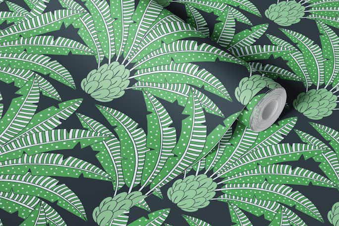 Festive palm fans - green and blackwallpaper roll