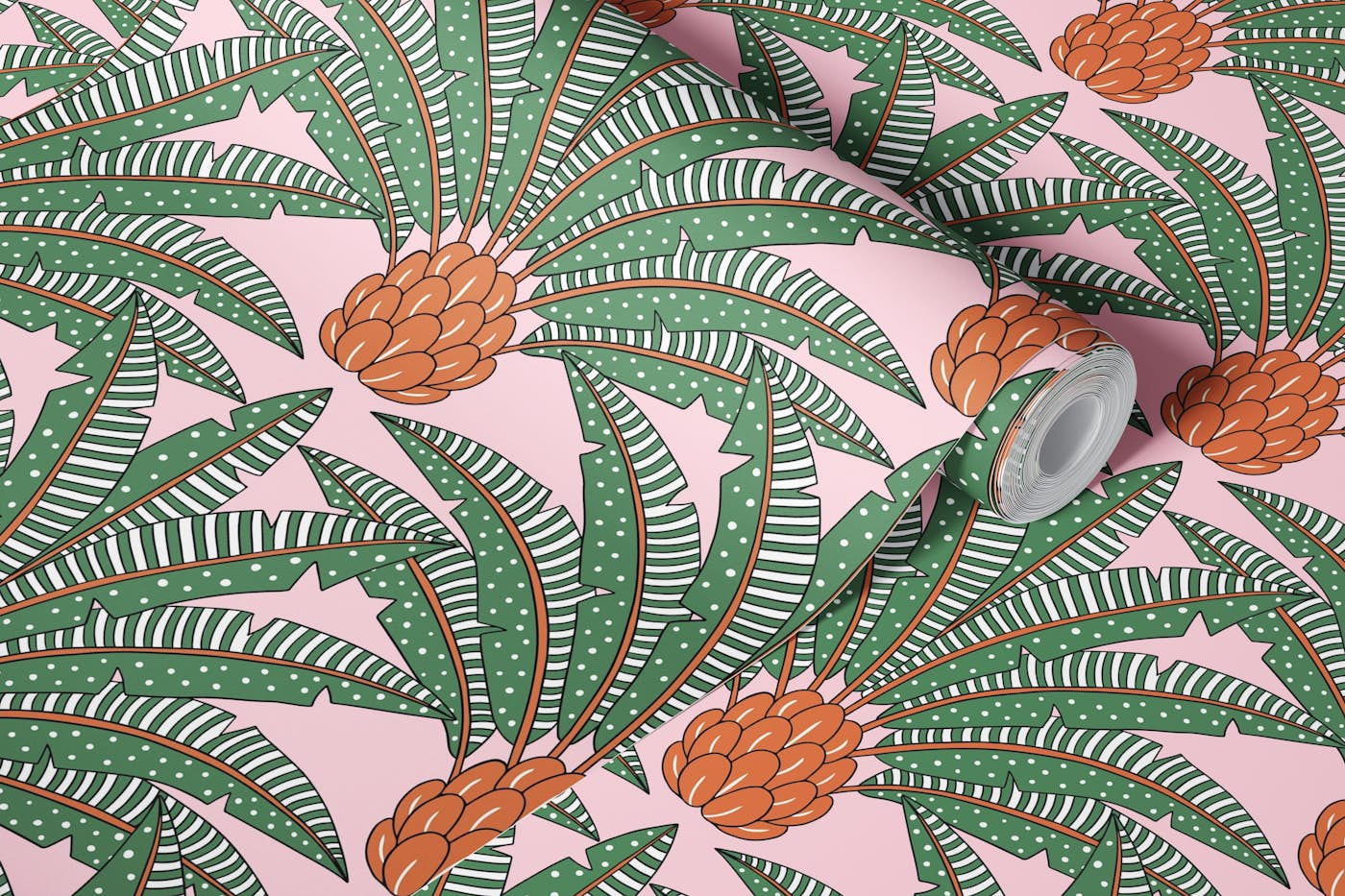 Festive palm fans - orange green pink wallpaper roll