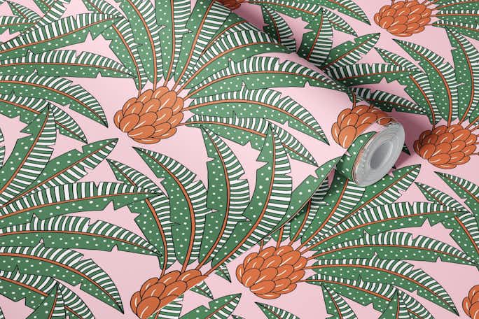 Festive palm fans - orange green pinkwallpaper roll