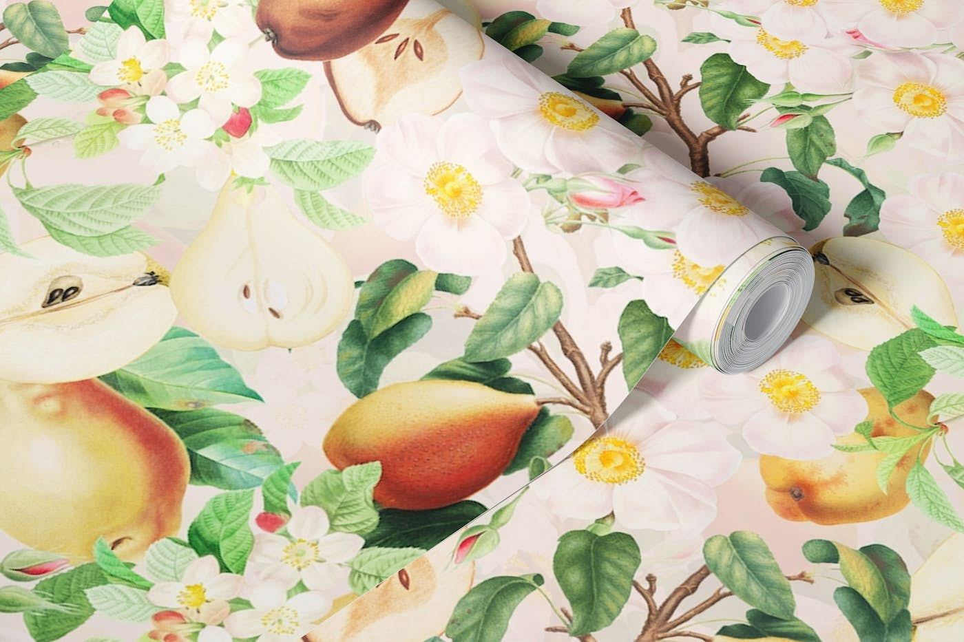 Vintage Summer Flowers And Fruit Garden wallpaper roll