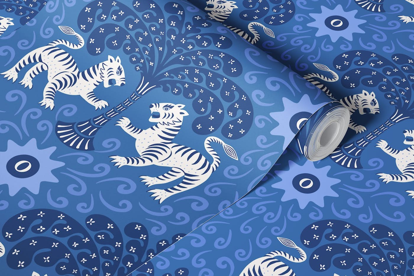 Tribal tiger - blue and white wallpaper roll