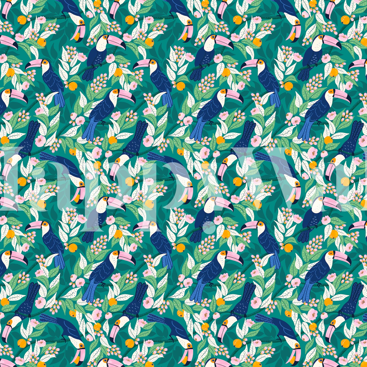 Whimsical toucan forest wallpaper in a room