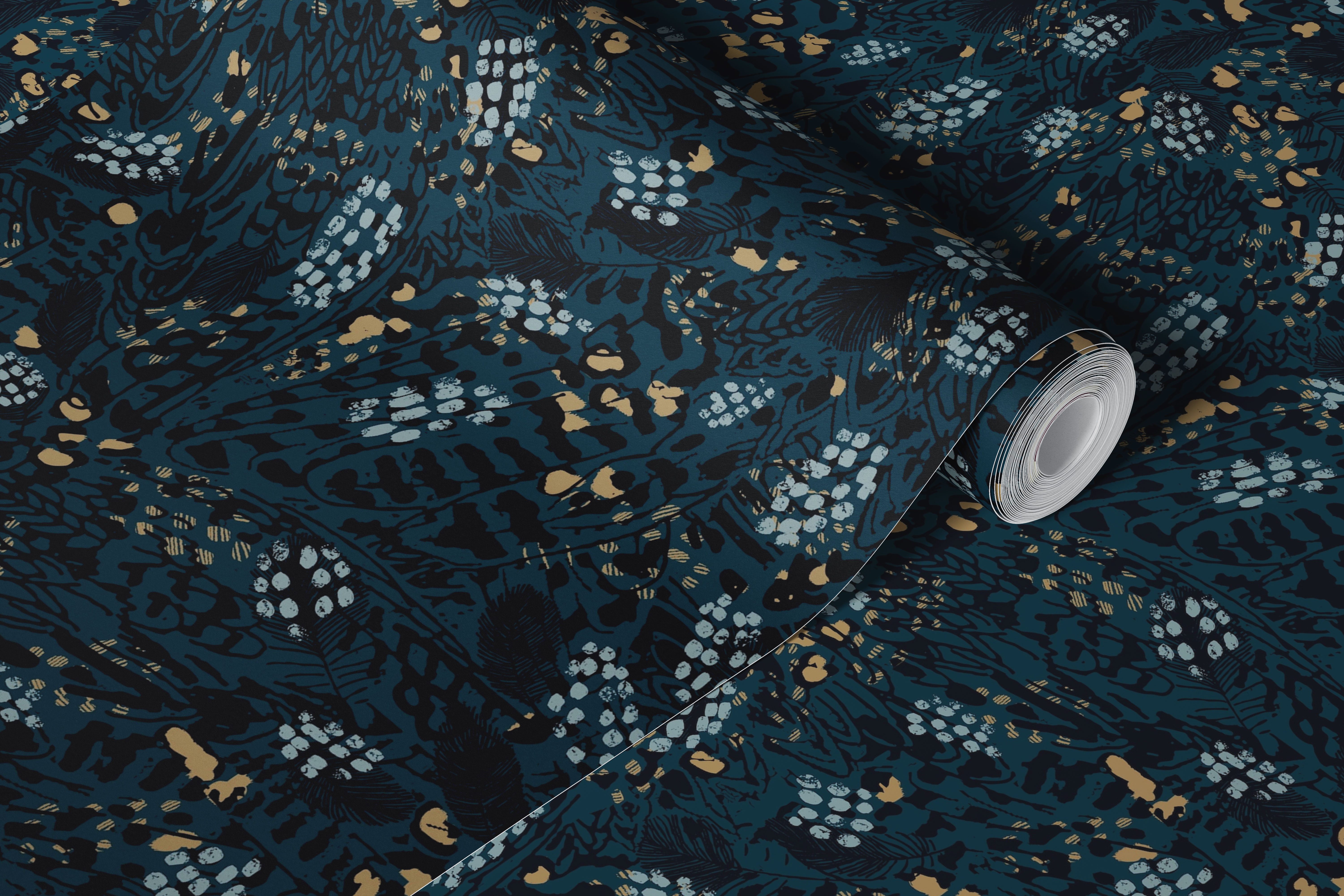 Abstract animal print with indigo and gold colors wallpaper