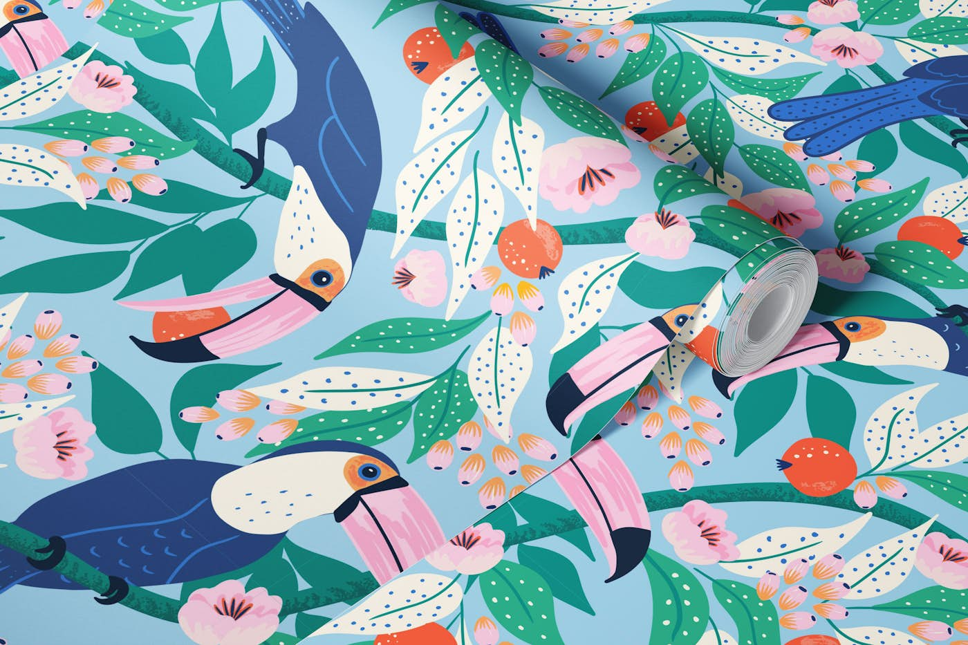 Whimsical toucan forest - blue wallpaper roll