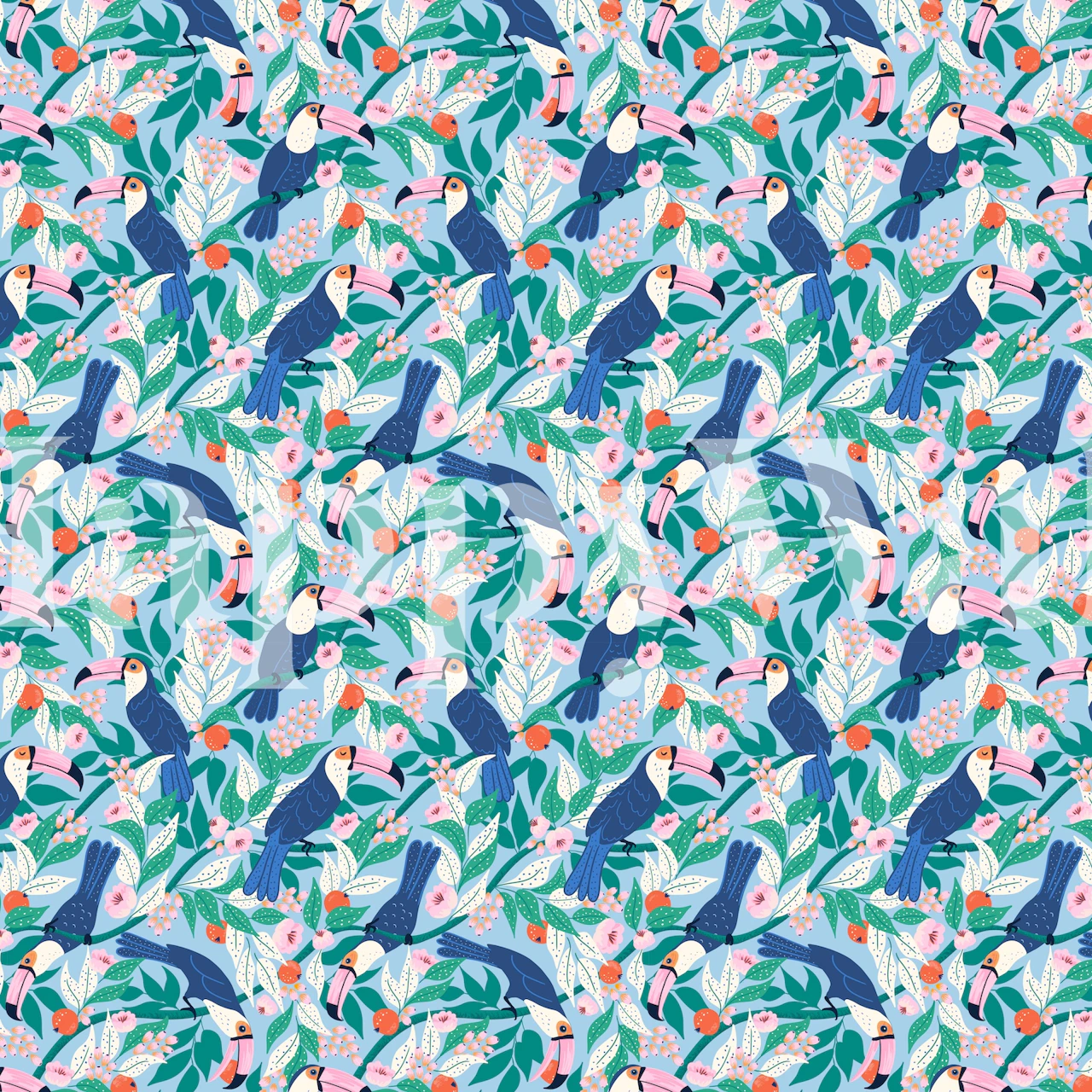 Colorful toucans and tropical foliage on a blue background wall mural