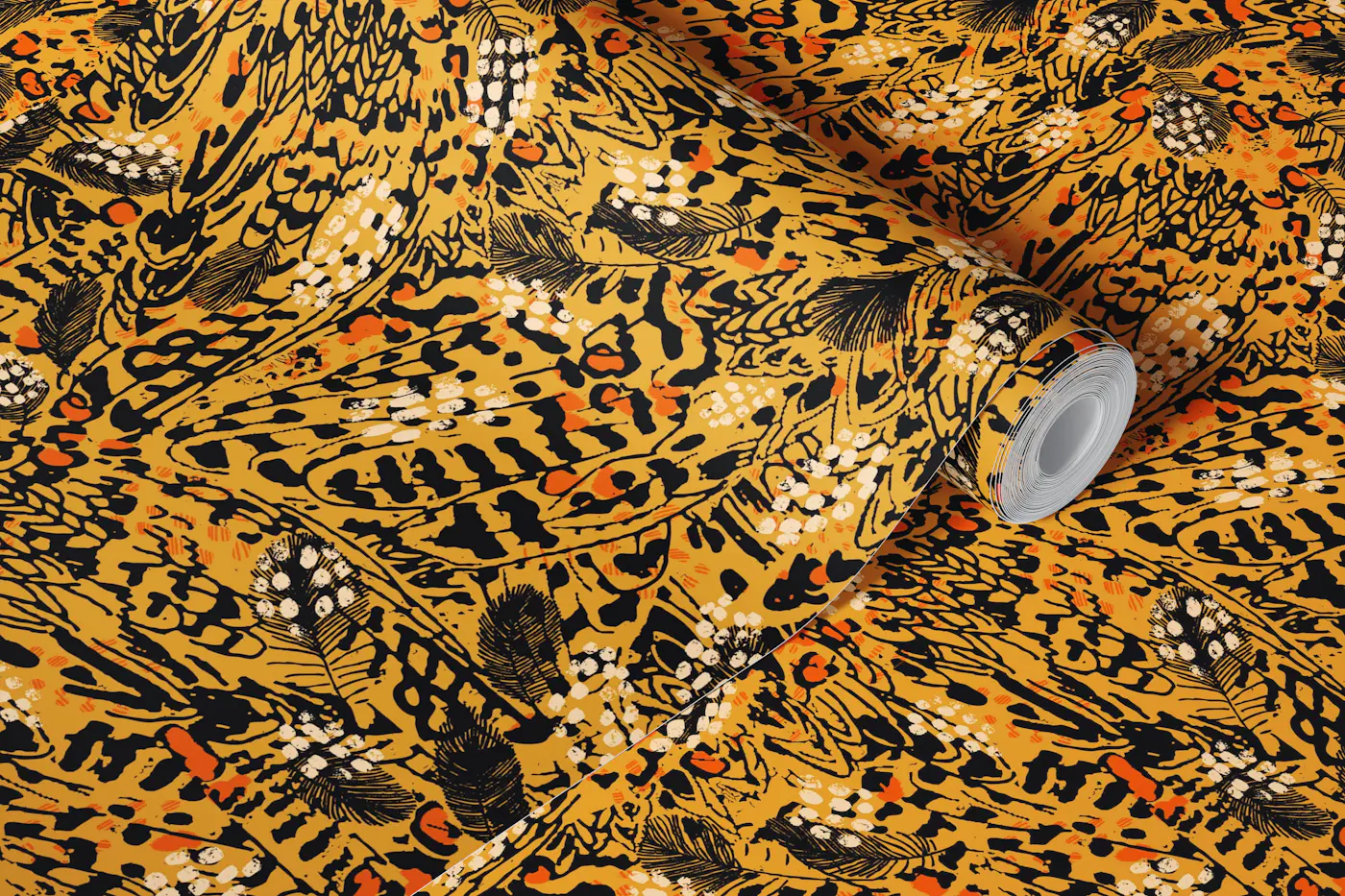 Leopard Print and feathers wallpaper roll
