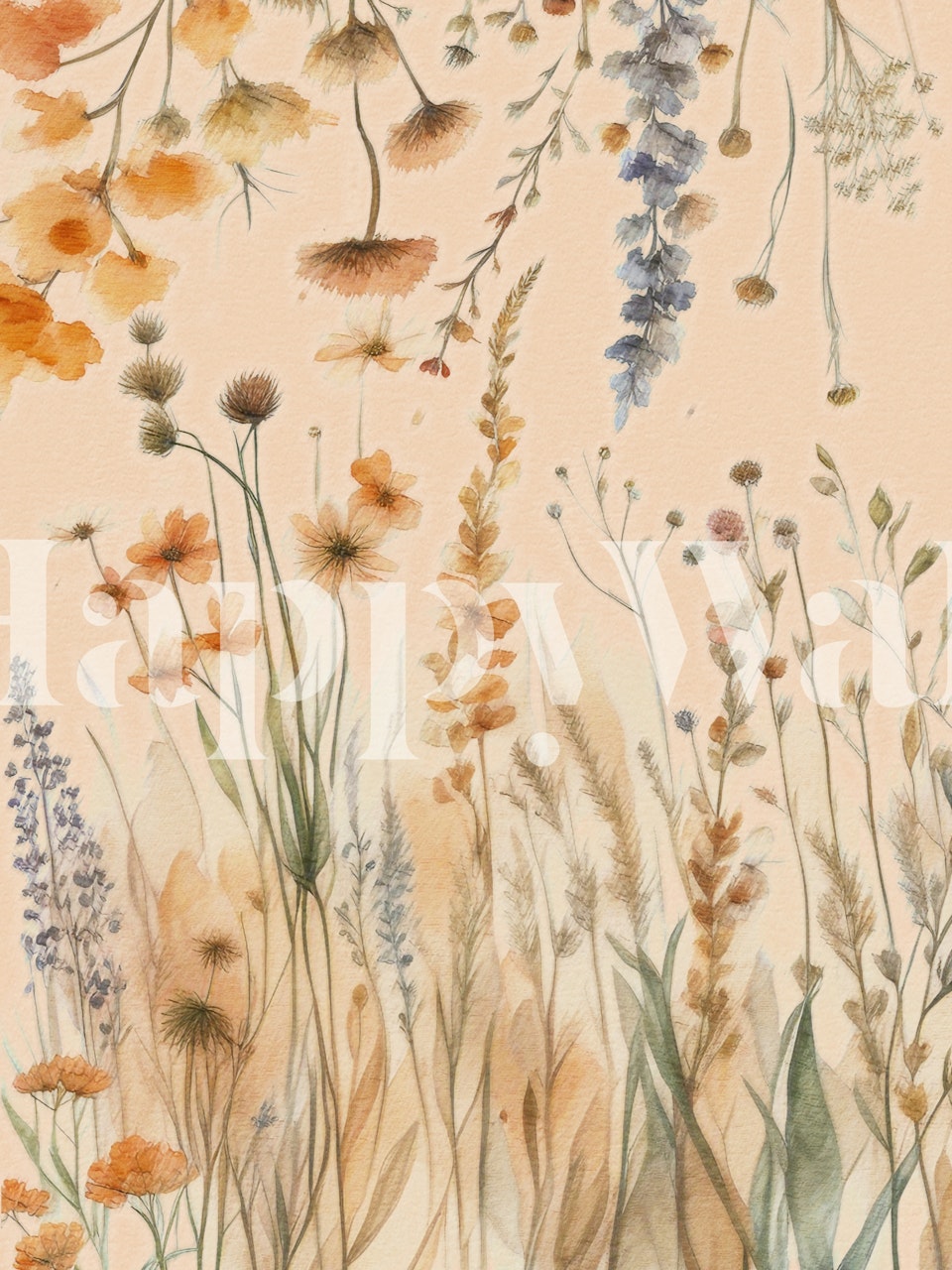 En fridfull tapet som visar vilda blommor och bladverk i persika, blå och gröna toner.