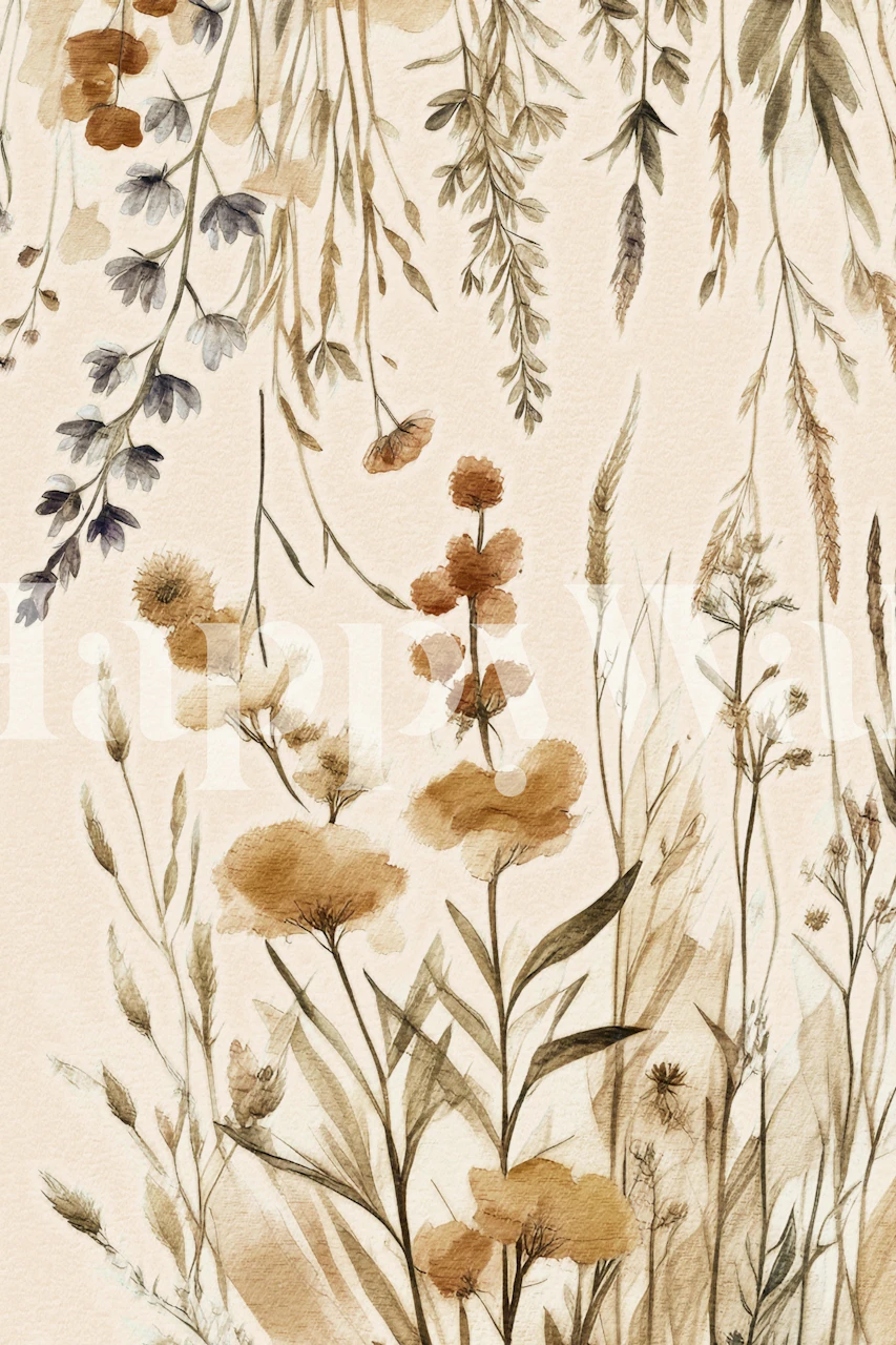Beige and peach wildflowers on a neutral background wall mural