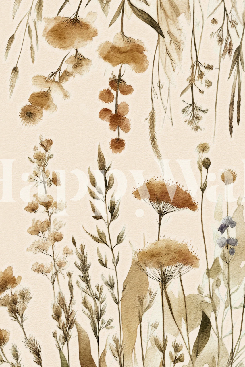 Beige peach floral wallpaper featuring delicate wildflowers and leaves in warm tones