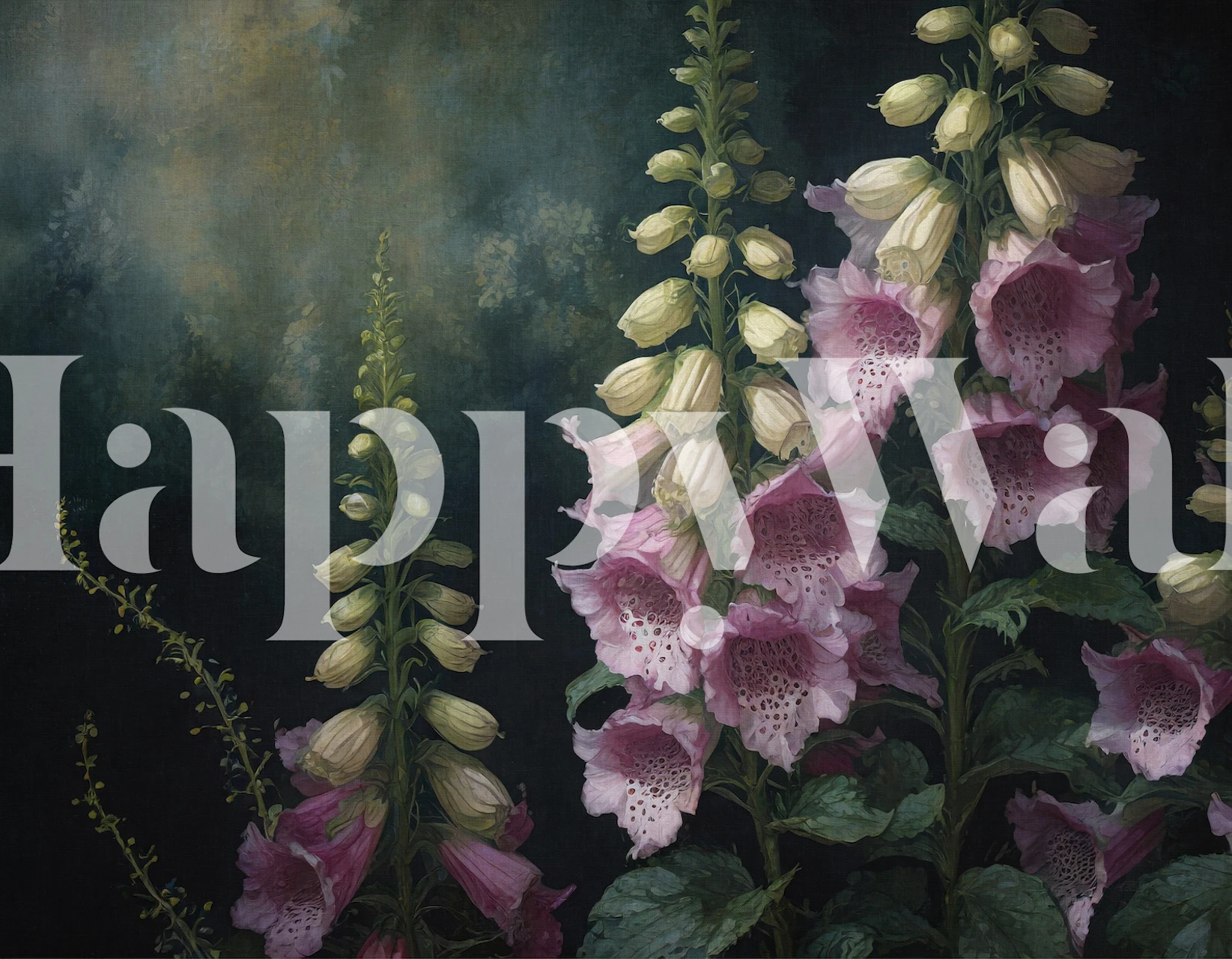 Moody digitalis floral wallpaper with pink and green flowers