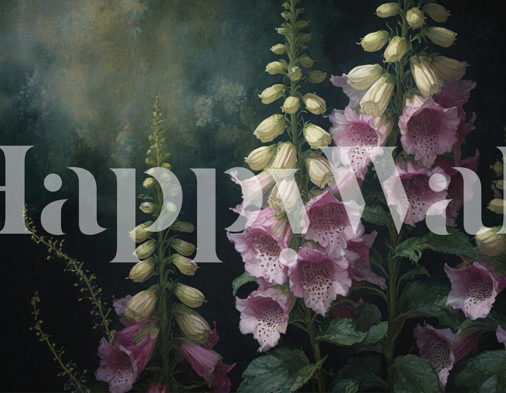 Moody digitalis floral wallpaper with pink and green flowers