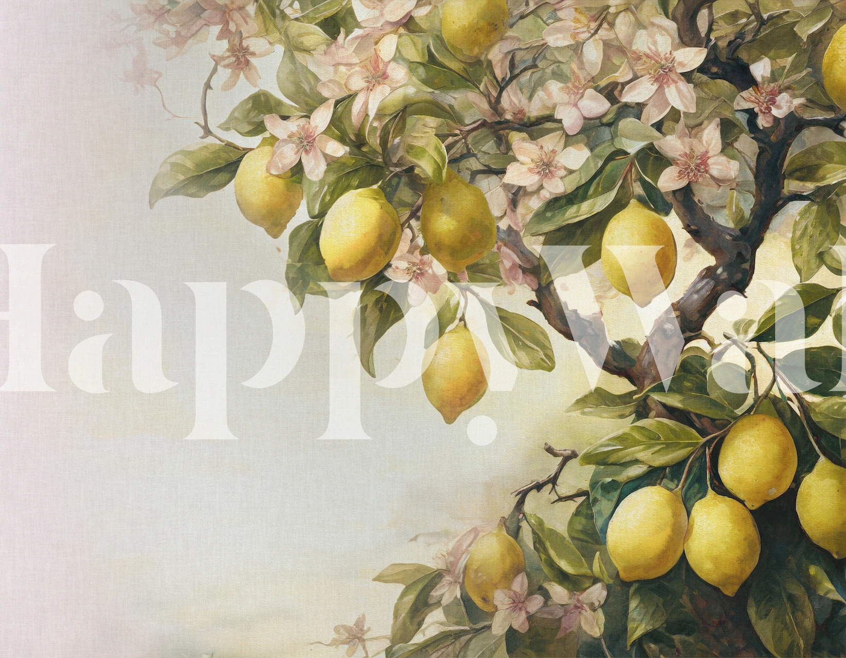 Wall mural of a lemon tree with ripe lemons and blossoms in soft vintage tones