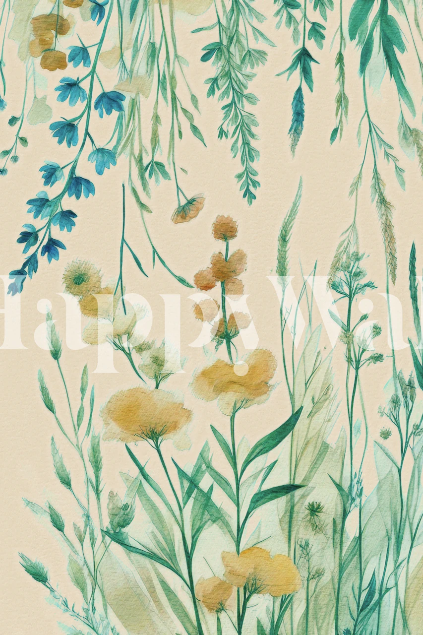 Floral green and yellow design with delicate herbs and flowers wallpaper