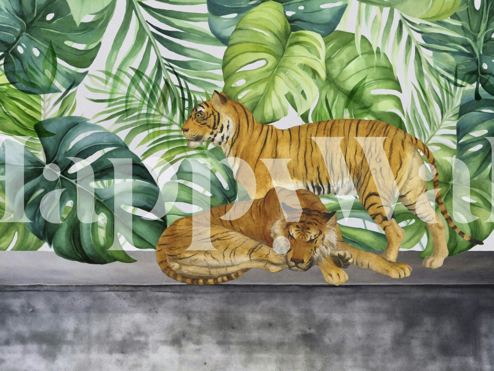 Tropical foliage and tigers wall mural with lush green leaves and two resting tigers.