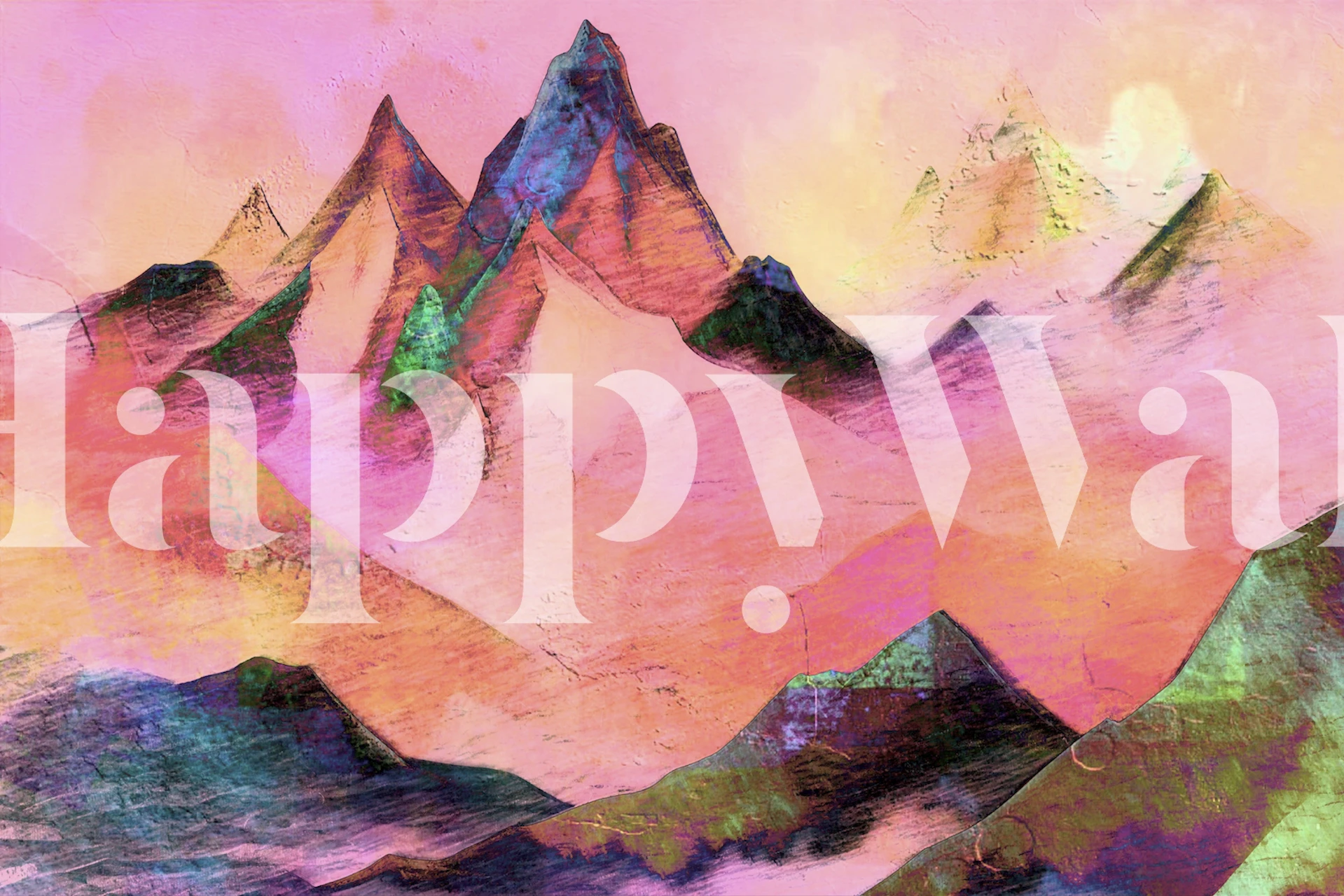 Fargerikt Peach Sunburst Mountains veggmaleri med rosa og gule nyanser