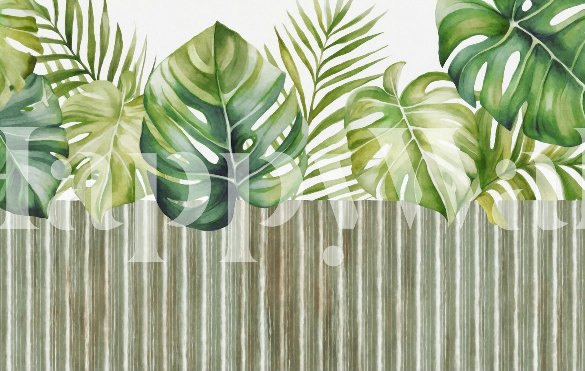 Veggmaleri av eksotisk grønt løvverk mot et tregjerde