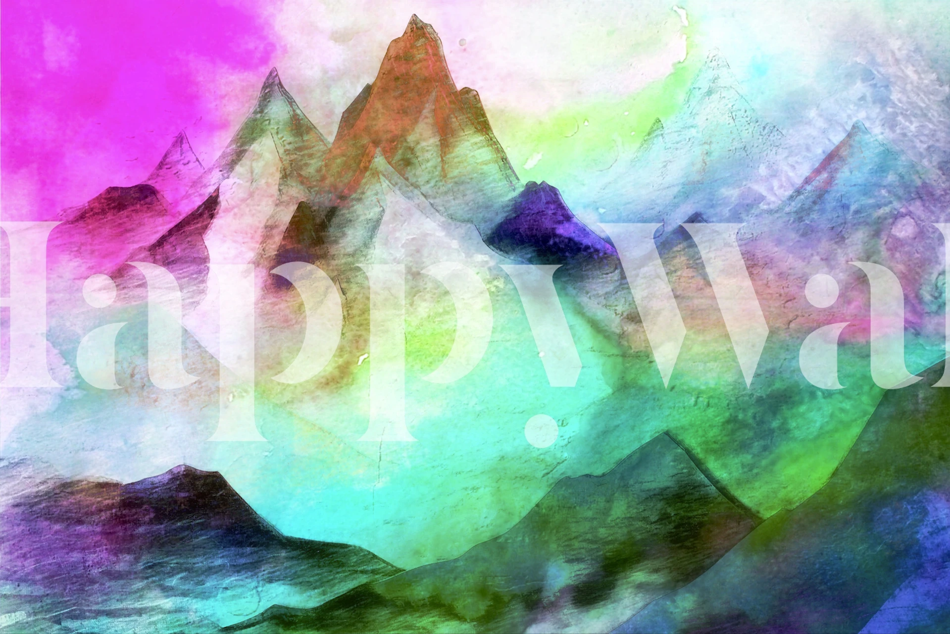 Abstract mountain landscape in vibrant colors of pink, green, and blue wallpaper