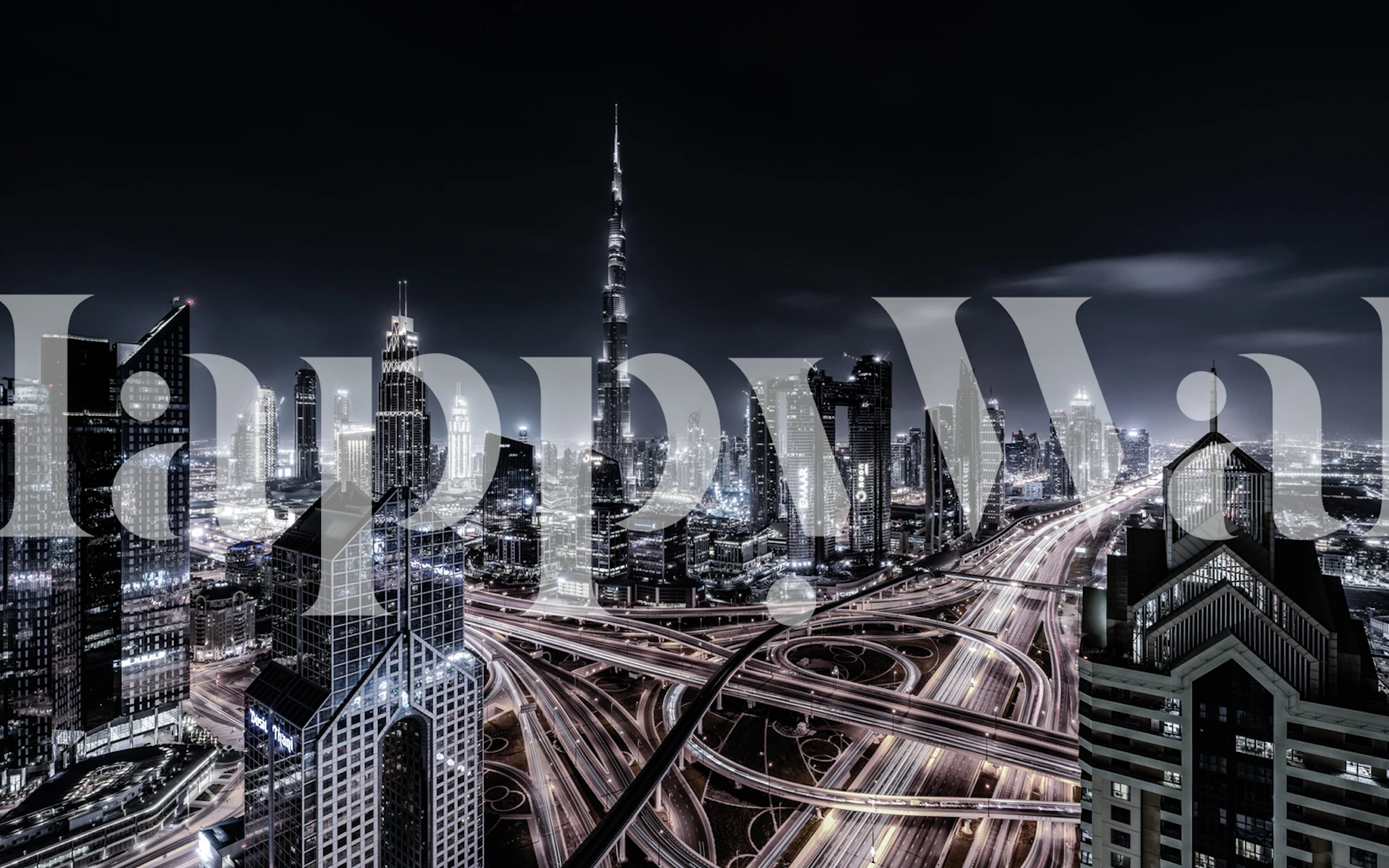 Night city skyline with skyscrapers and highways wallpaper