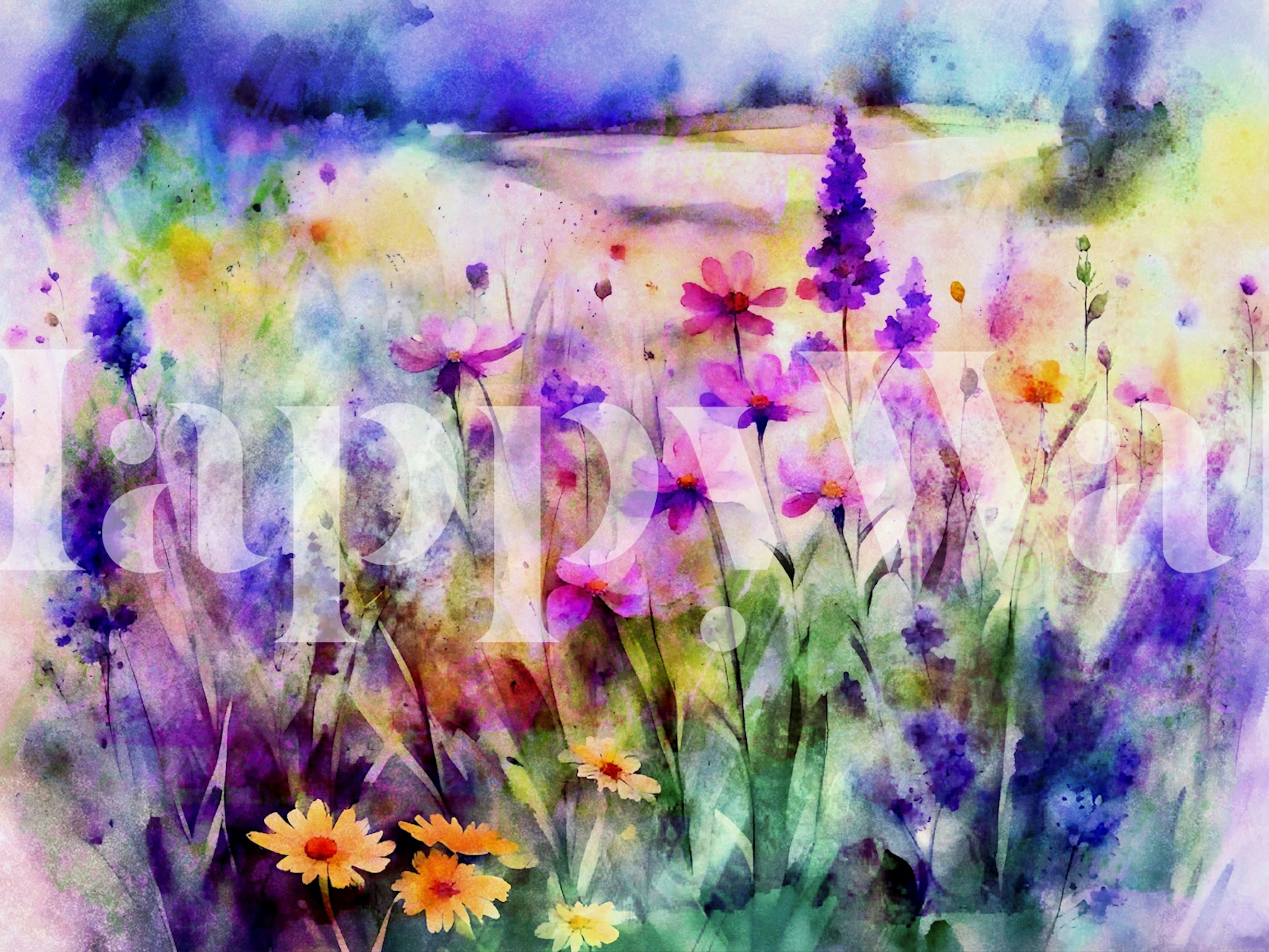 Papier peint aquarelle coloré d'un paysage floral de rêve