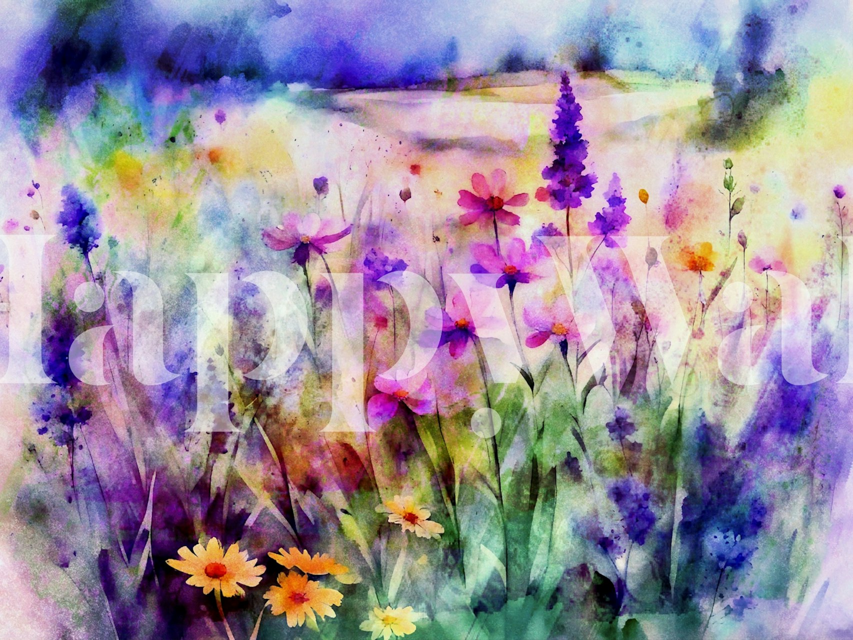 Färgglad akvarell tapet av ett drömskt blomsterlandskap