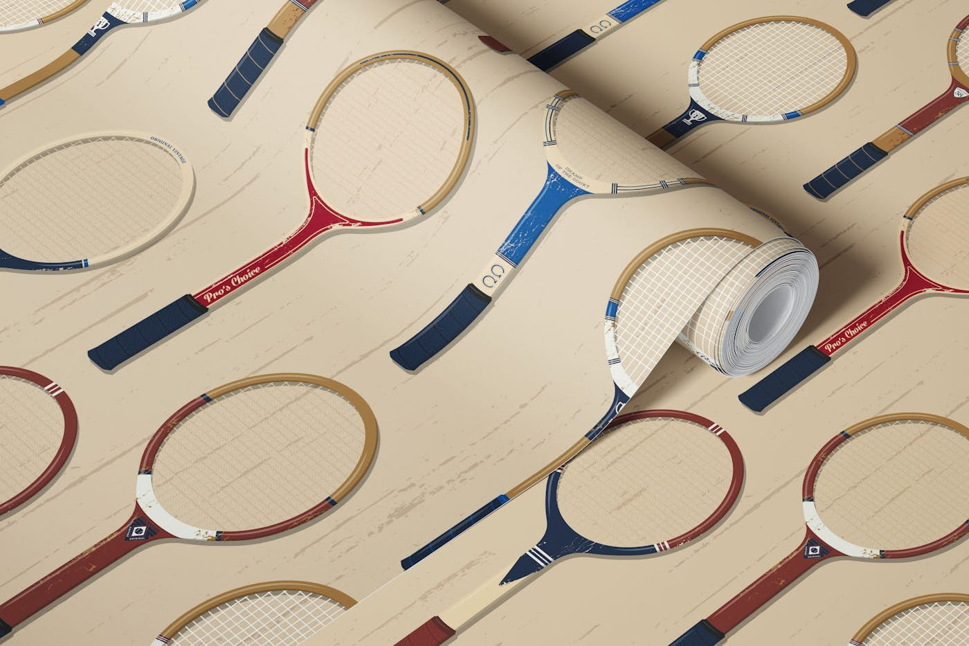 Vintage tennis rackets beige wallpaper roll