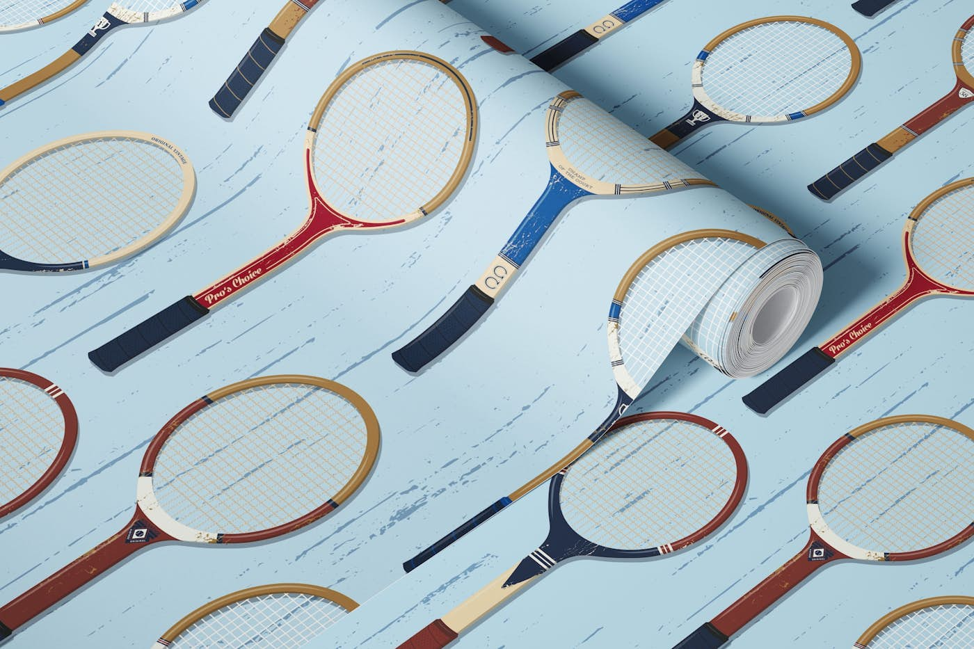 Vintage tennis rackets light blue wallpaper roll