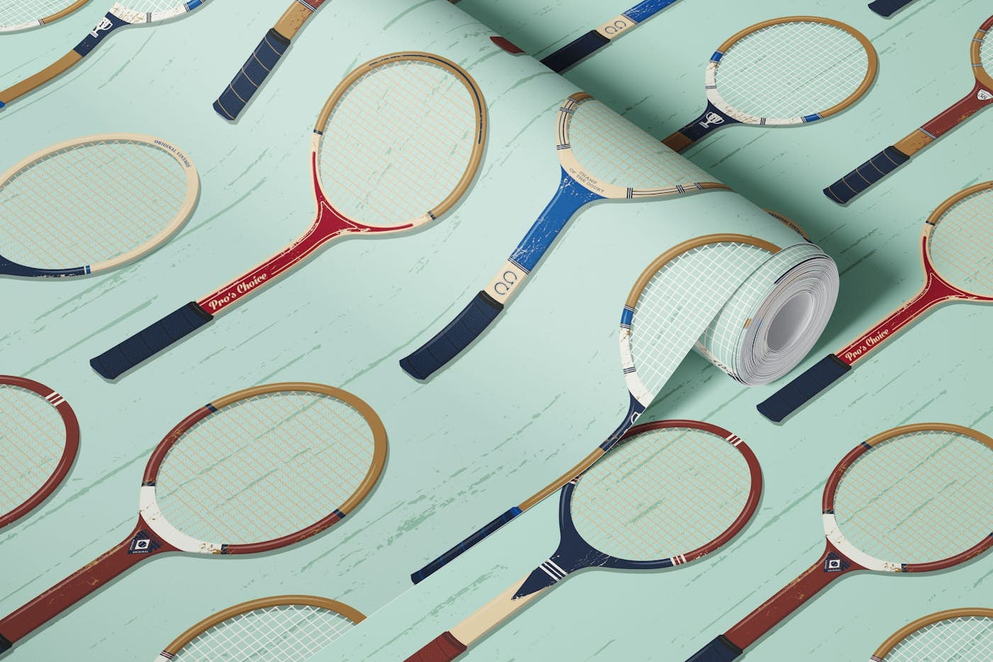 Vintage tennis rackets light green wallpaper roll