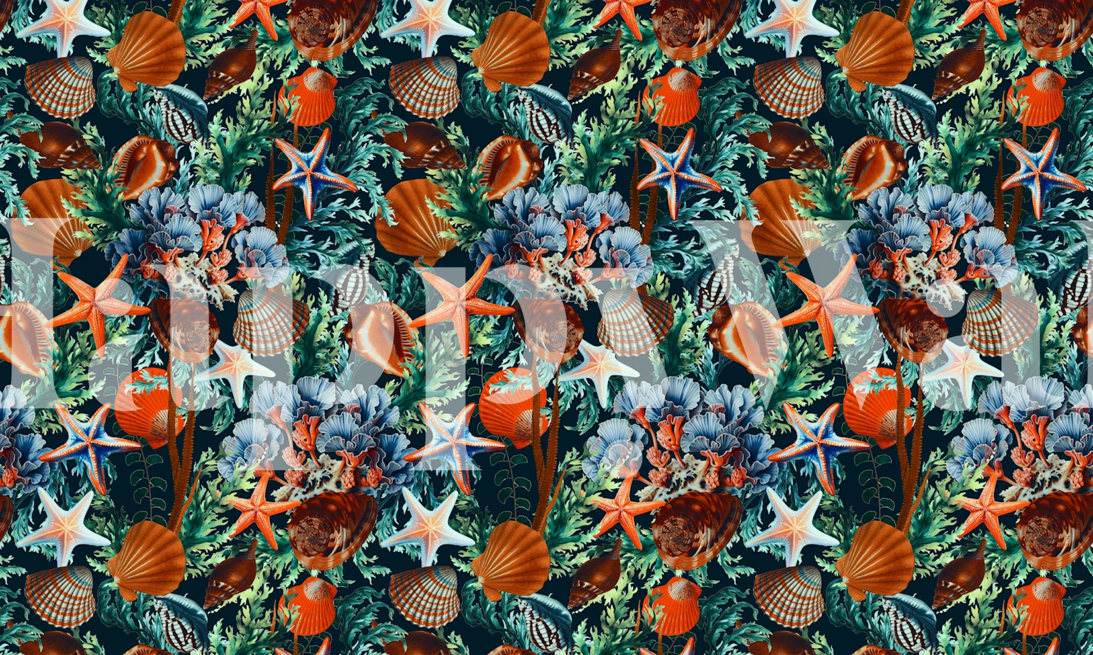 Tropical seashell and coral pattern on navy background wallpaper