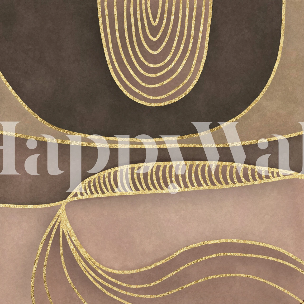 Abstract mid-century art wall mural with brown and gold shapes