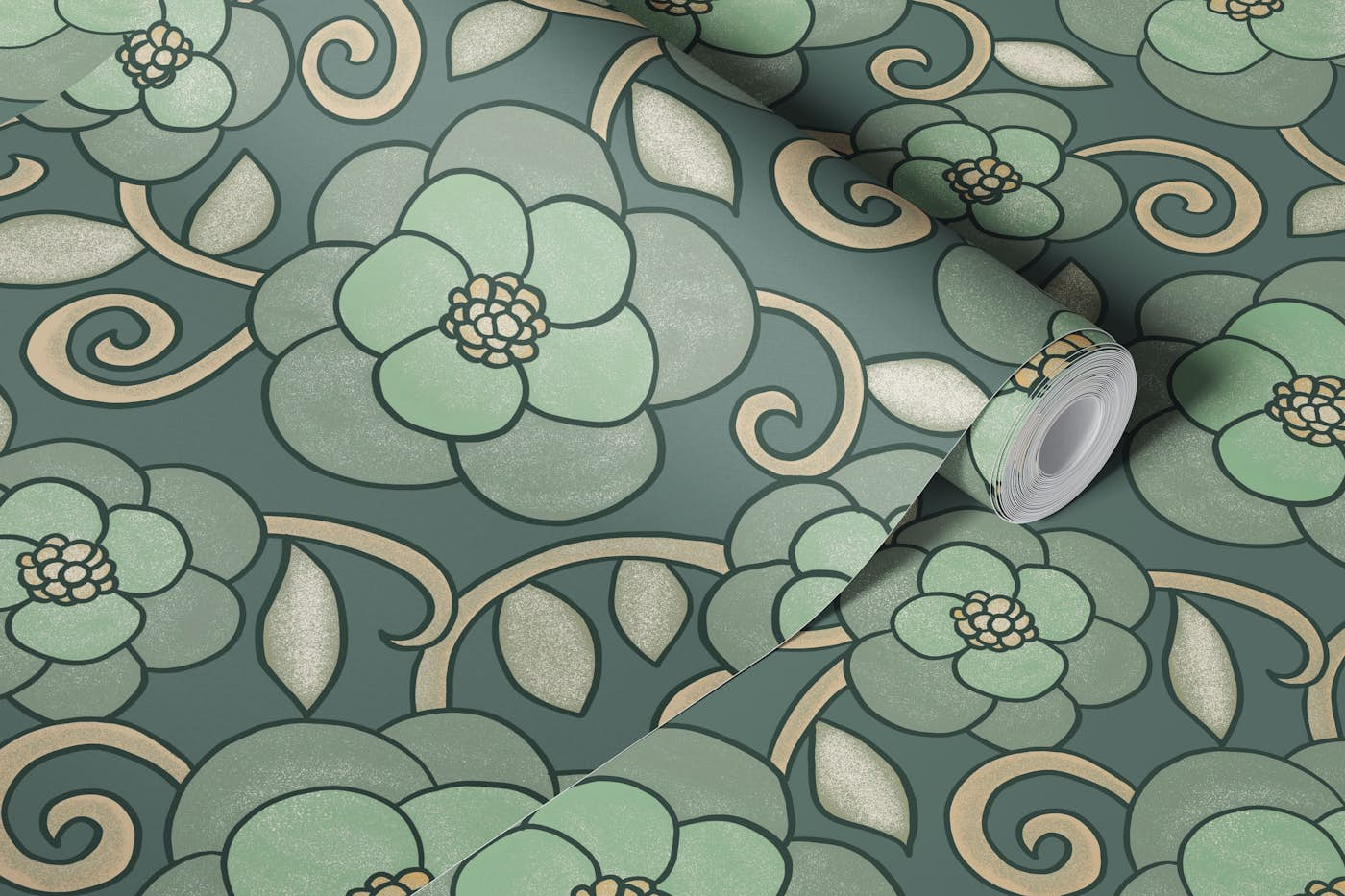 Ornamental Romance in Soft Green Shades wallpaper roll