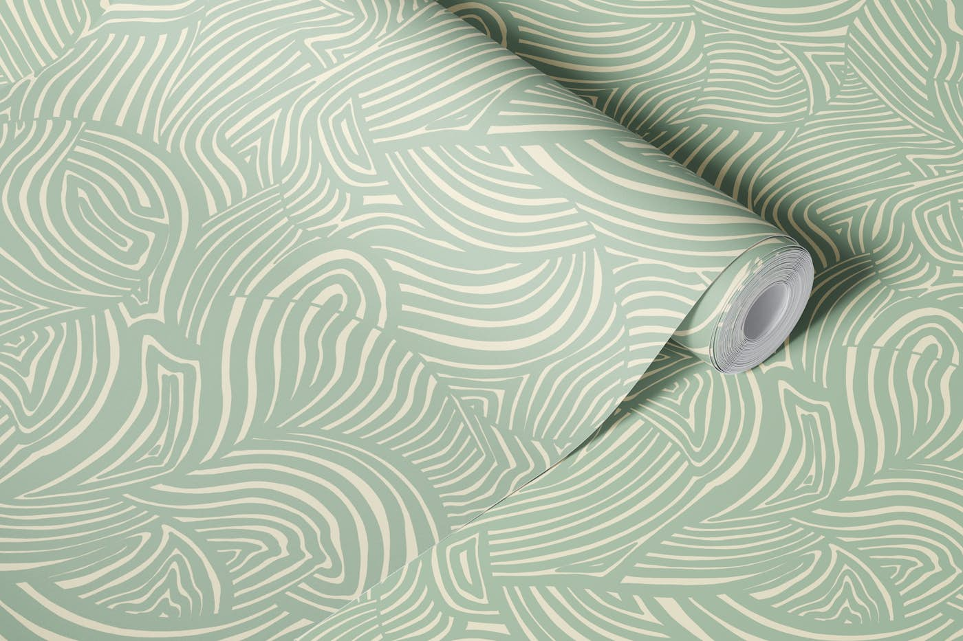 Minty Whirlwind - Abstract Cream & Green Wave wallpaper roll