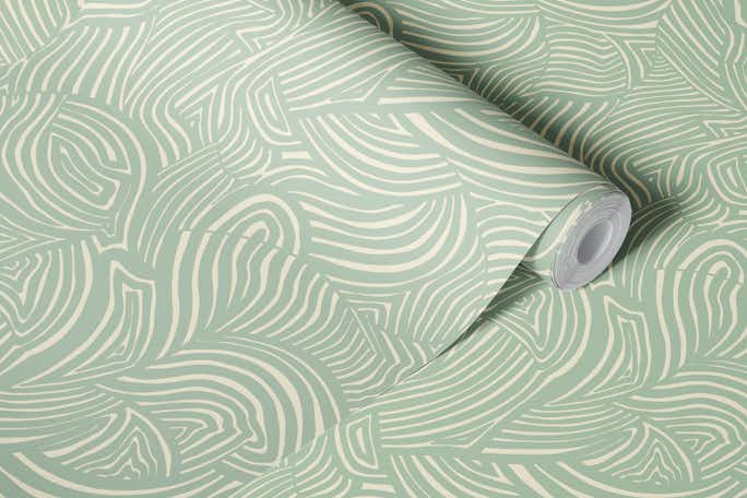 Minty Whirlwind - Abstract Cream & Green Wavewallpaper roll