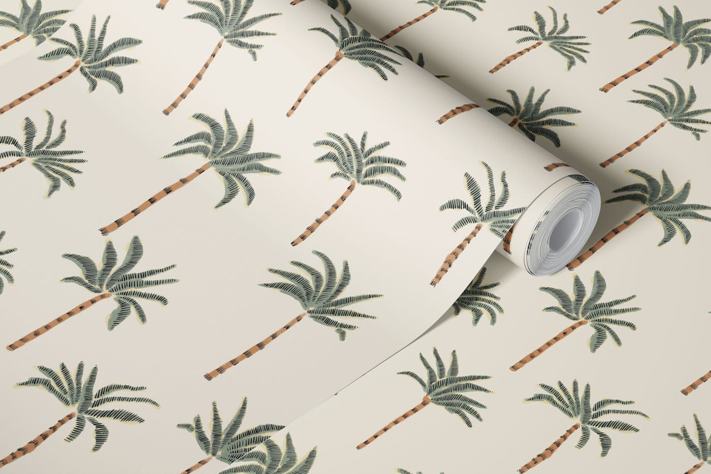 Whimsical Palmtree Oasis - Soft Green & Brown wallpaper roll