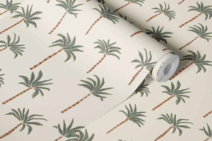 Whimsical Palmtree Oasis - Soft Green & Brownwallpaper roll