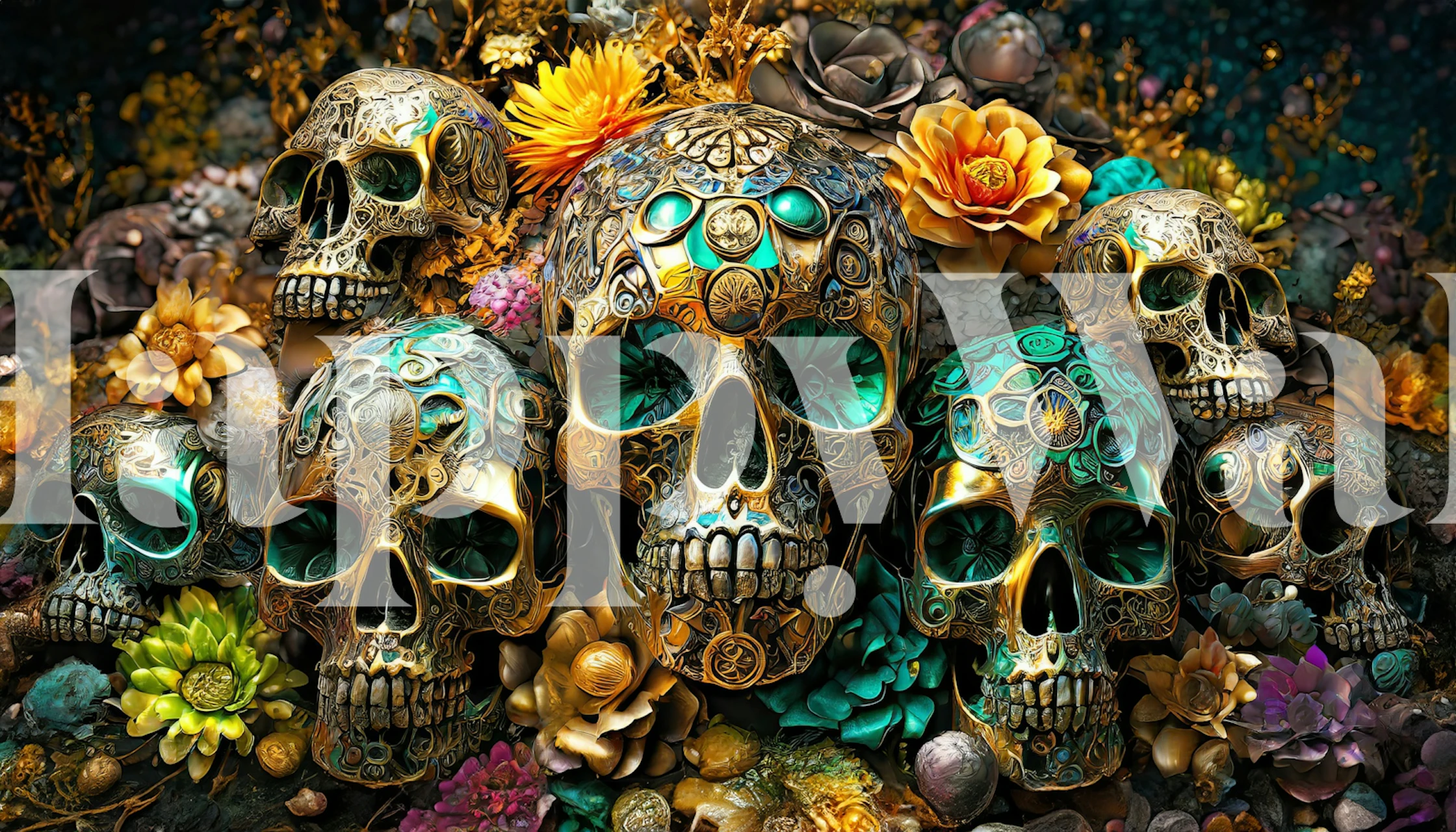 Mural de parede Día de Muertos com caveiras e malmequeres decorados