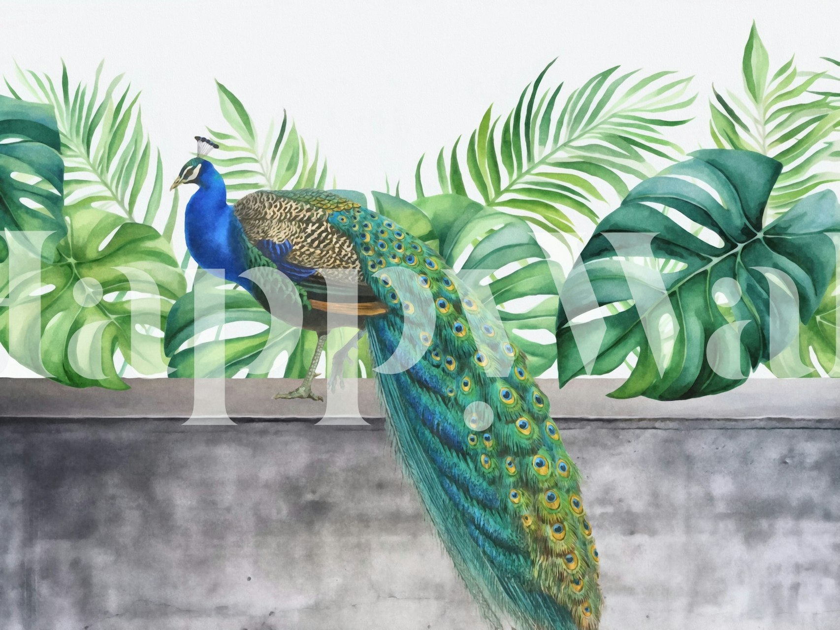 Tropical foliage with peacock in vibrant greens and blues wallpaper