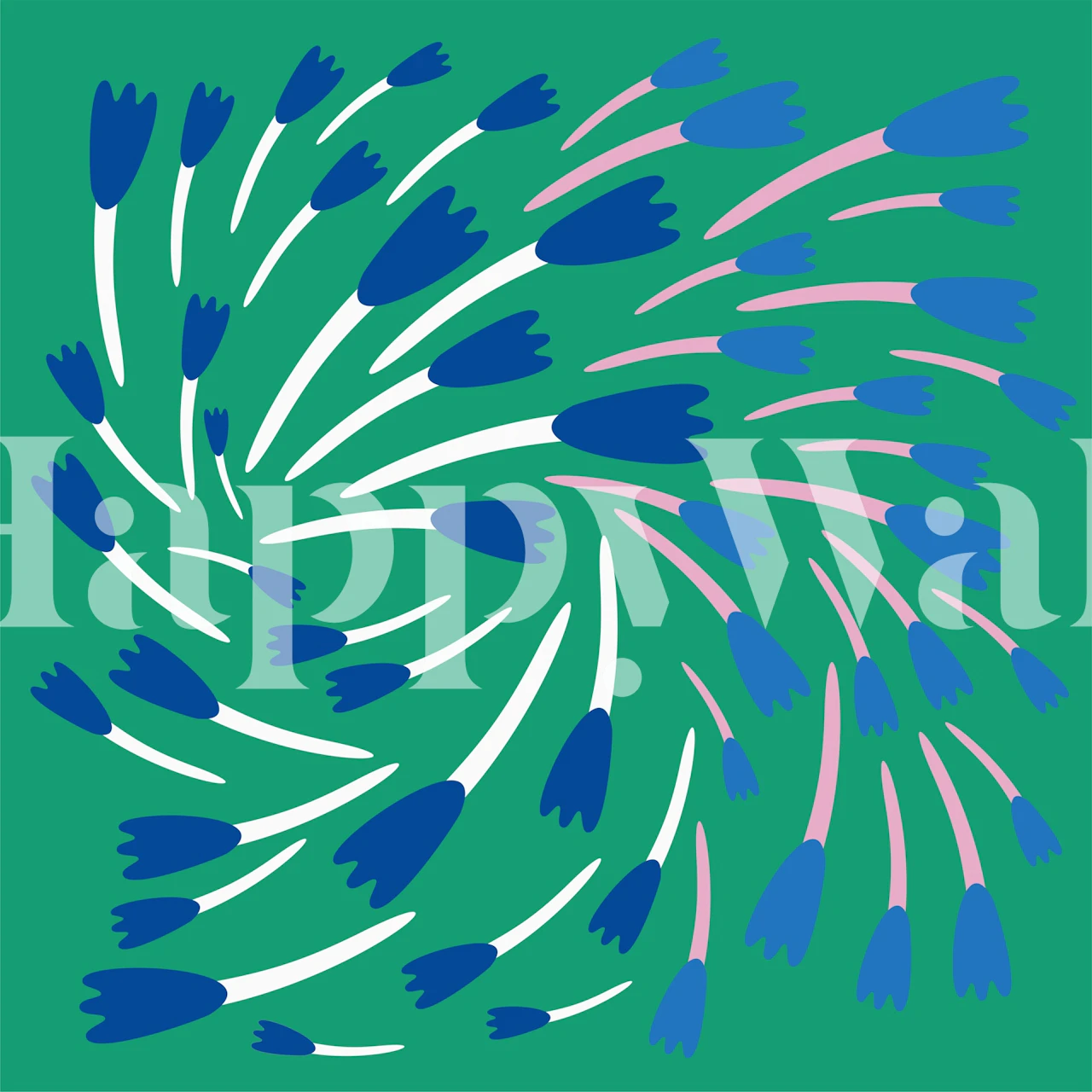 An abstract floral garden wall mural with shades of forest green and blue creating a flower-like pattern